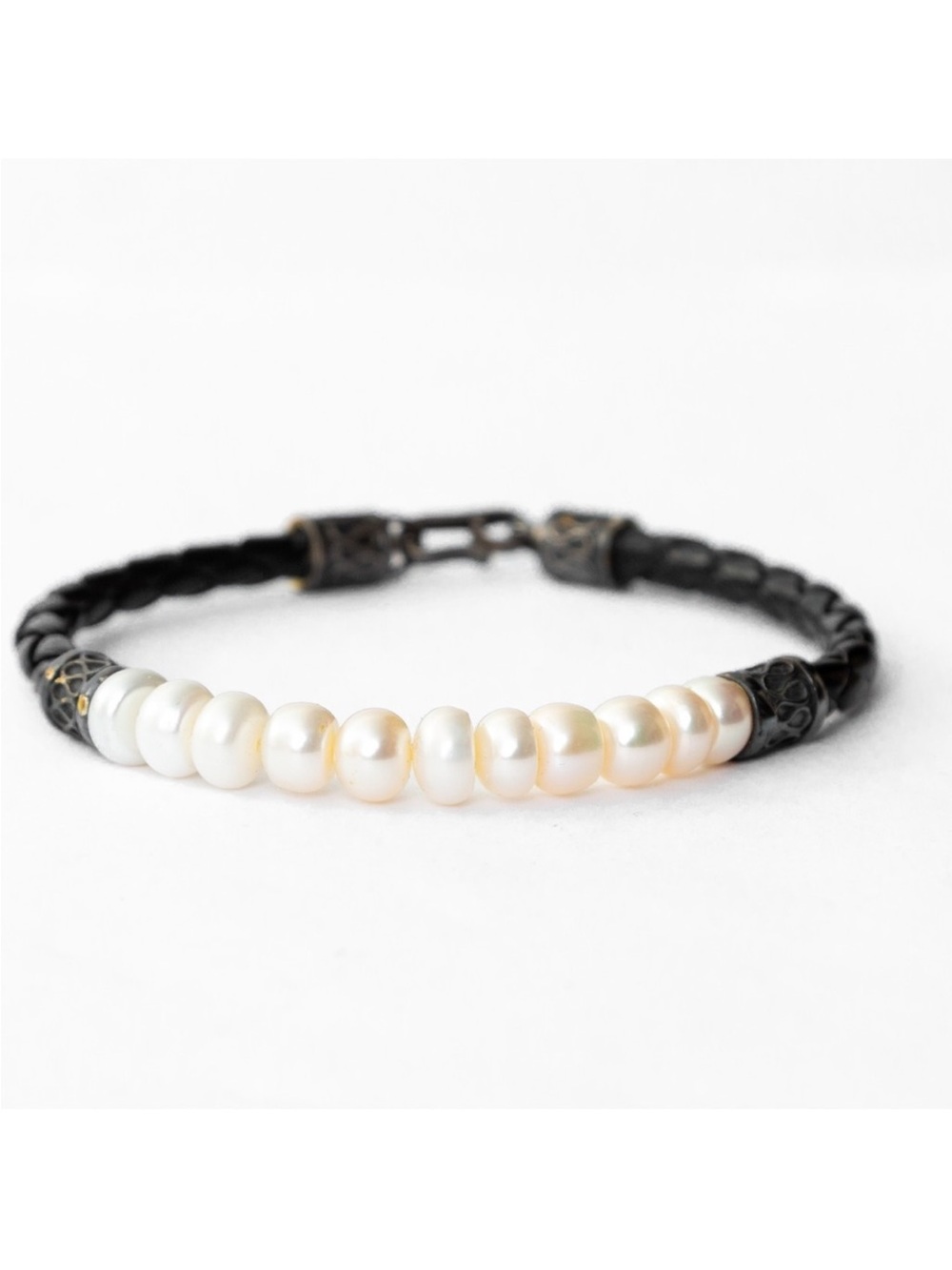 Freshwater pearl & black braided leather bracelet antique retro vibe minimalist